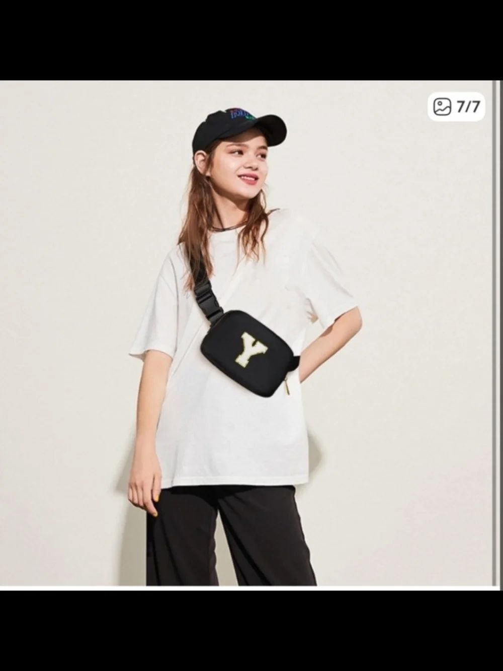 Black Crossbody Belt Bag with Gold 'Y' Accent